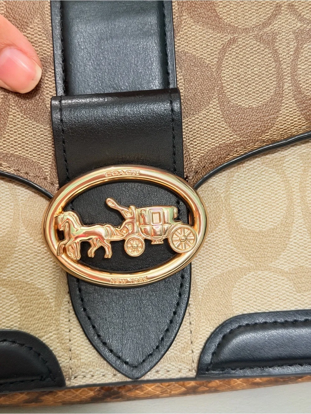 Coach Tan Signature Canvas Shoulder Bag with Black Trim